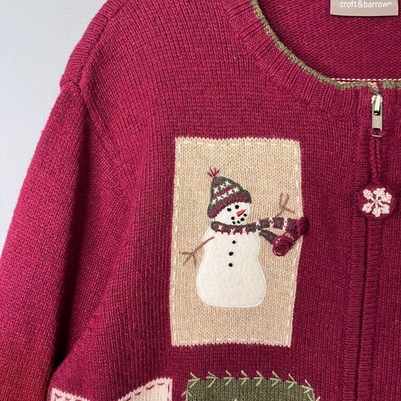 Croft & Barrow Wool Angora Snowman Christmas Tree Burgundy Full Zip Sweater Sz L - Picture 3 of 16